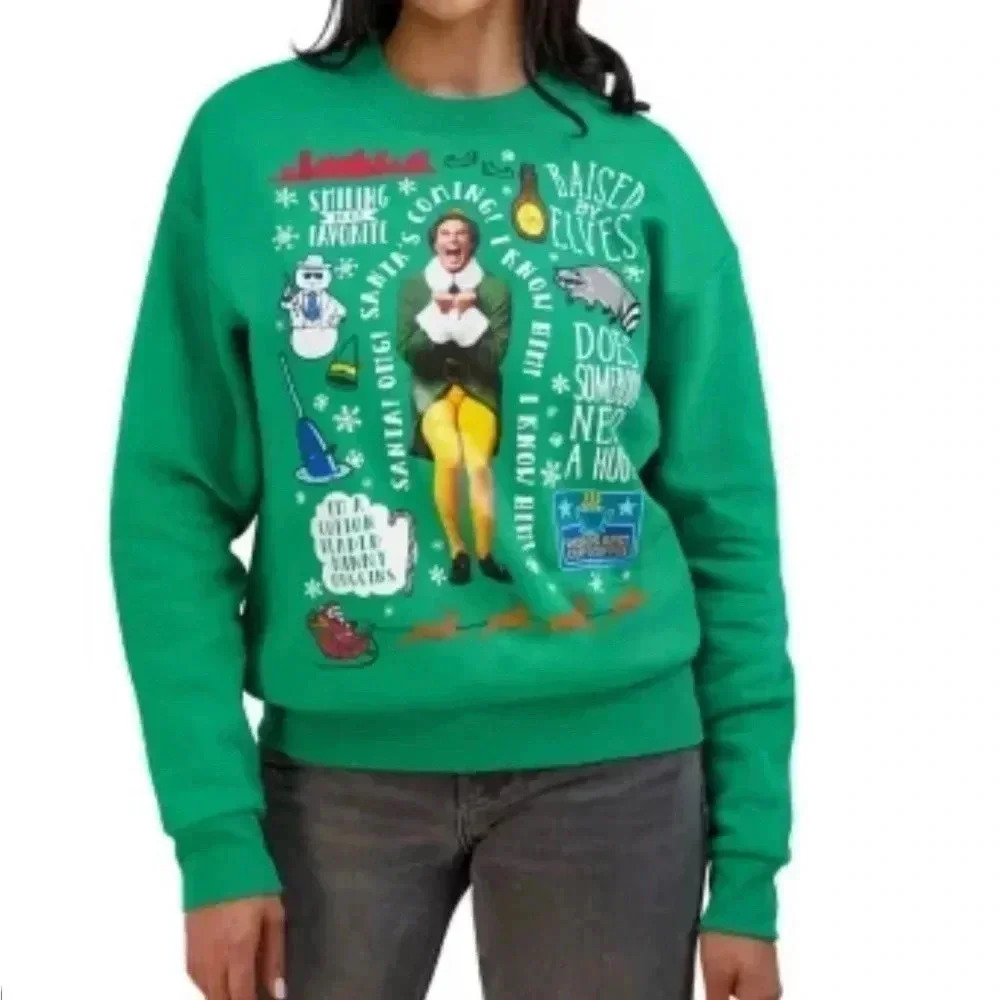 Elf Adult Long Sleeve Talking Graphic Print Soft Holiday Print Sweatshirt -